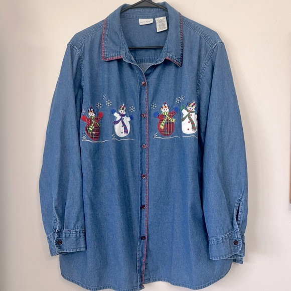 Vintage White Stag Plus Denim Button Down Shirt Snowman Cotton Christmas 18W/20W - Picture 1 of 10